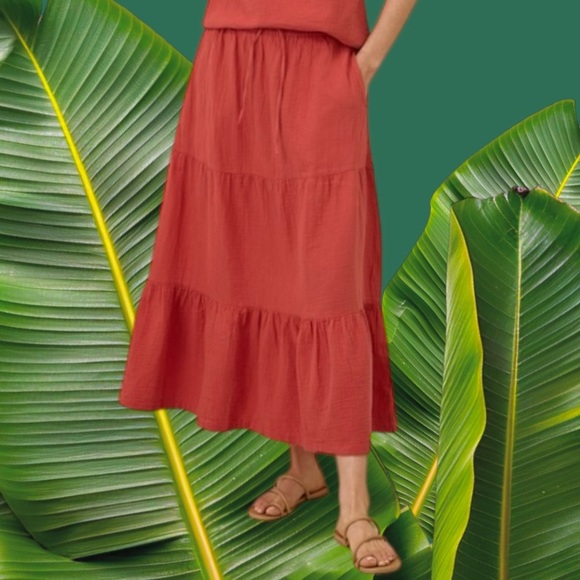 Pact Dresses & Skirts - PACT ORGANIC COTTON  COASTAL DOUBLE GAUZE TIERED MAXI SKIRT IN KUMQUAT SZ M